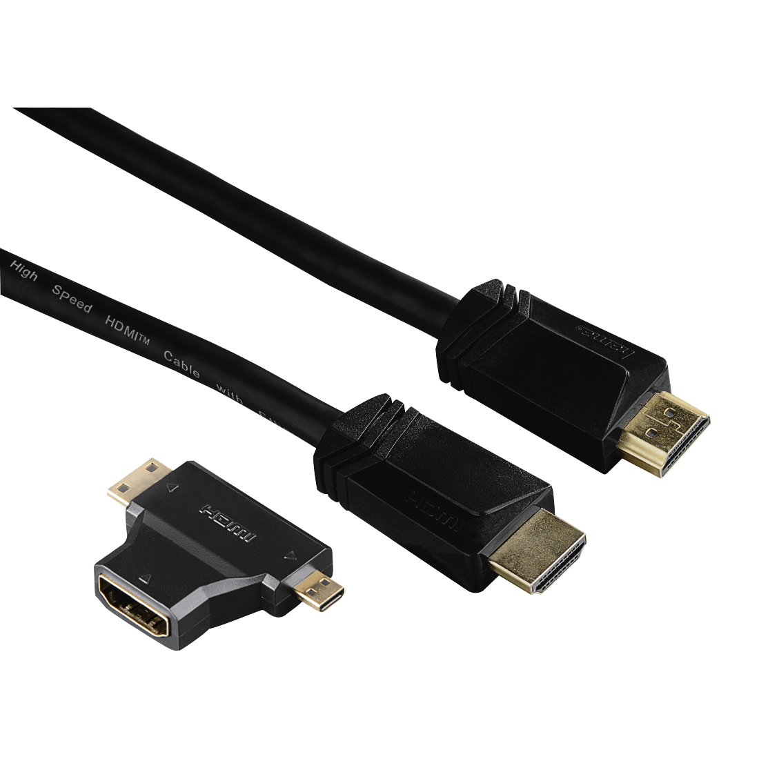 High Speed HDMI™-Kabel, Steck. - Steck., Ethernet, 1,5 m + HDMI™-Adapter |  Hama