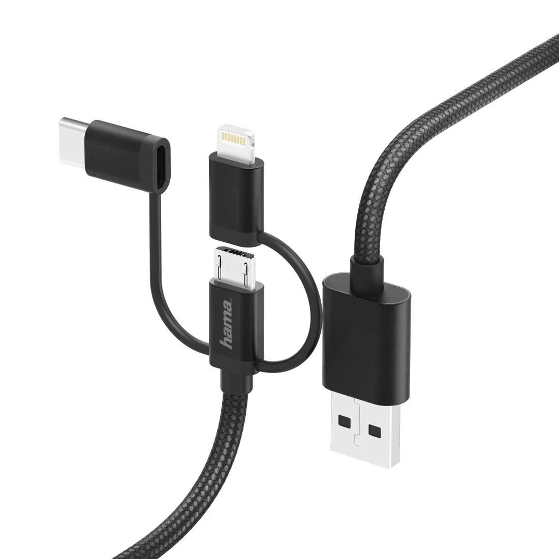 3in1-Micro-USB-Kabel mit Adapter auf USB-Type-C u. Lightning, 0,2m, Schwarz  | Hama