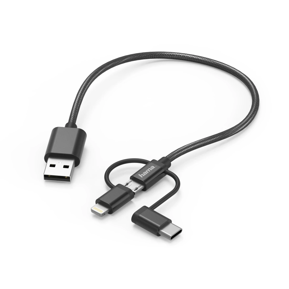 3in1-Micro-USB-Kabel mit Adapter auf USB-Type-C u. Lightning, 0,2m, Schwarz  | Hama