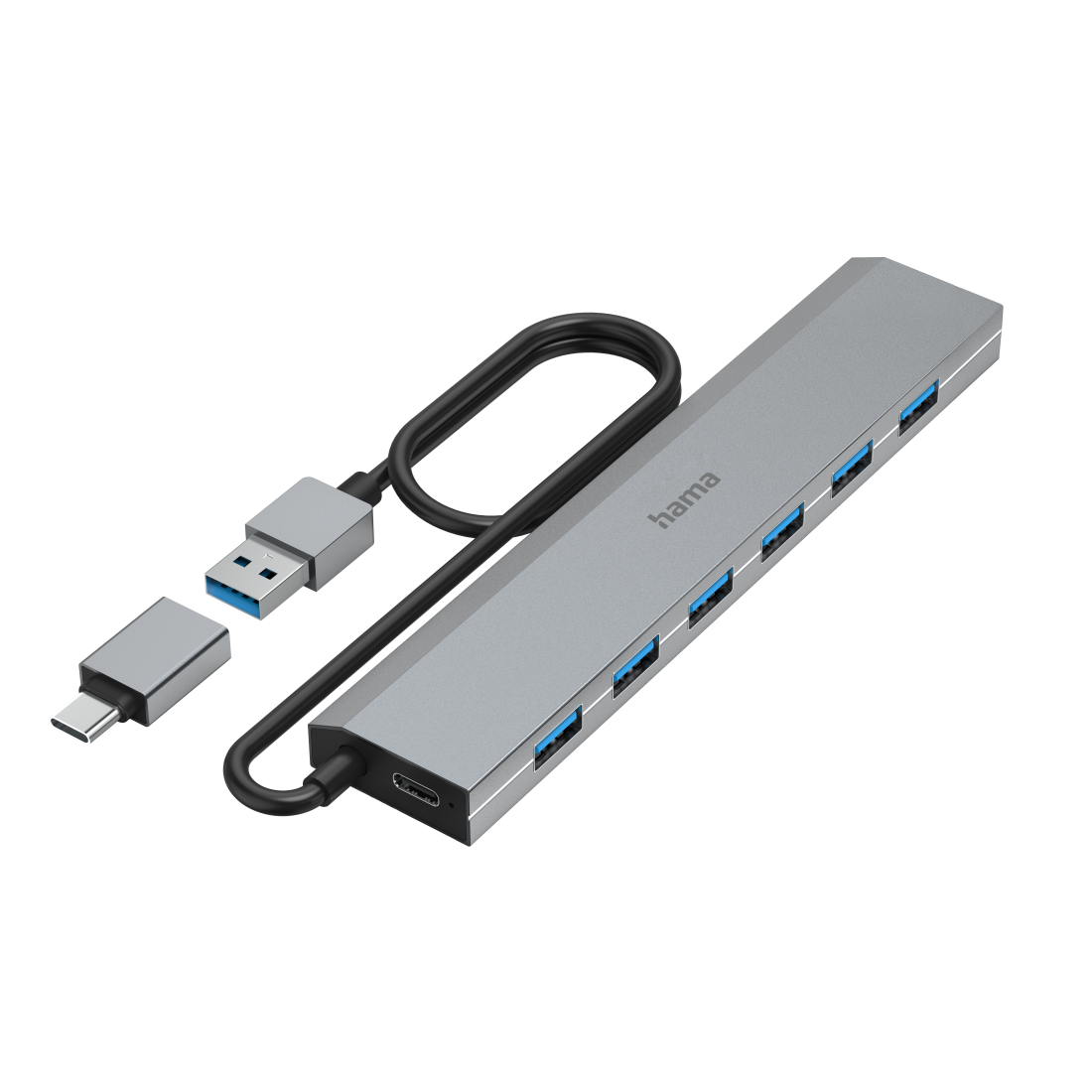 USB-Hub, 7 Ports, USB 3.2 Gen1, 5 Gbit/s, inkl. USB-C-Adapter und Netzteil  | Hama