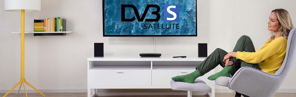 Fernseher an Fernsehwand mit DVB-S2 Logo auf dem Bildschirm. 