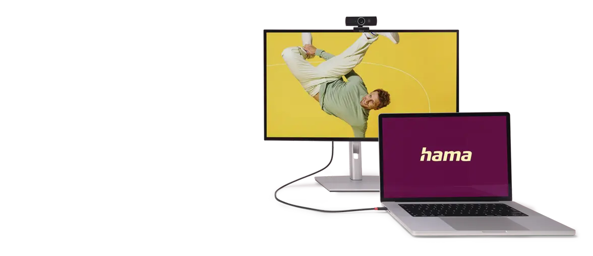 Der Monitor ist über USB-C mit dem Laptop verbunden.