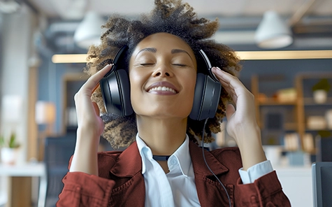 Eine junge Frau trägt Over-Ear-Kopfhörer und lauscht gut gelaunt der Musik