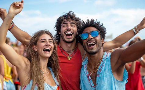 Drei Freunde auf einem Festival heben ihre Arme in die Luft und feiern die Musik.