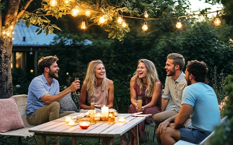 Freunde feiern eine gemütliche Gartenparty zuhause und genießen den Sommer.