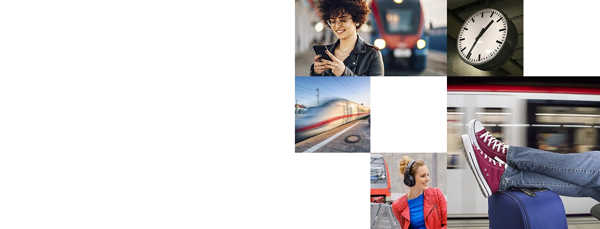 Bild mit verschiedensten Zug-Szenen. Frau steht am Bahnsteig und lächelt in ihr Smartphone, ein ICE fährt schnell aus der Bahnstation heraus, eine Frau wartet am Bahnsteig und hört über ihre Kopfhörer Musik