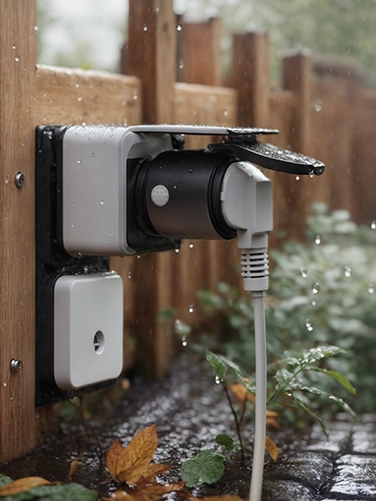 Ein Netzstecker ist im Garten an eine Hama Smarte WLAN-Steckdose angeschlossen, die wiederum an eine Outdoor-Steckdose angeschlossen ist. Es regnet, was für die Steckdose jedoch kein Problem darstellt.